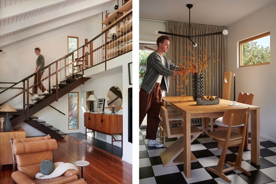 Left photo shows a living room space with a man walking down a dramatic staircase while right photo shows a man in a kitchen arranging a vase of flowers that are sitting on a wooden table.